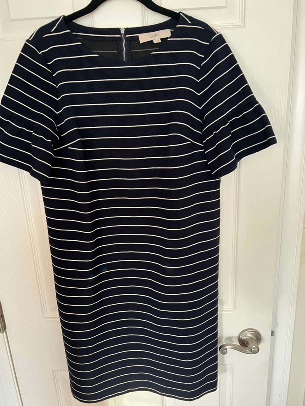 LOFT Navy and White Striped Ruffle-Sleeve Midi Dress
